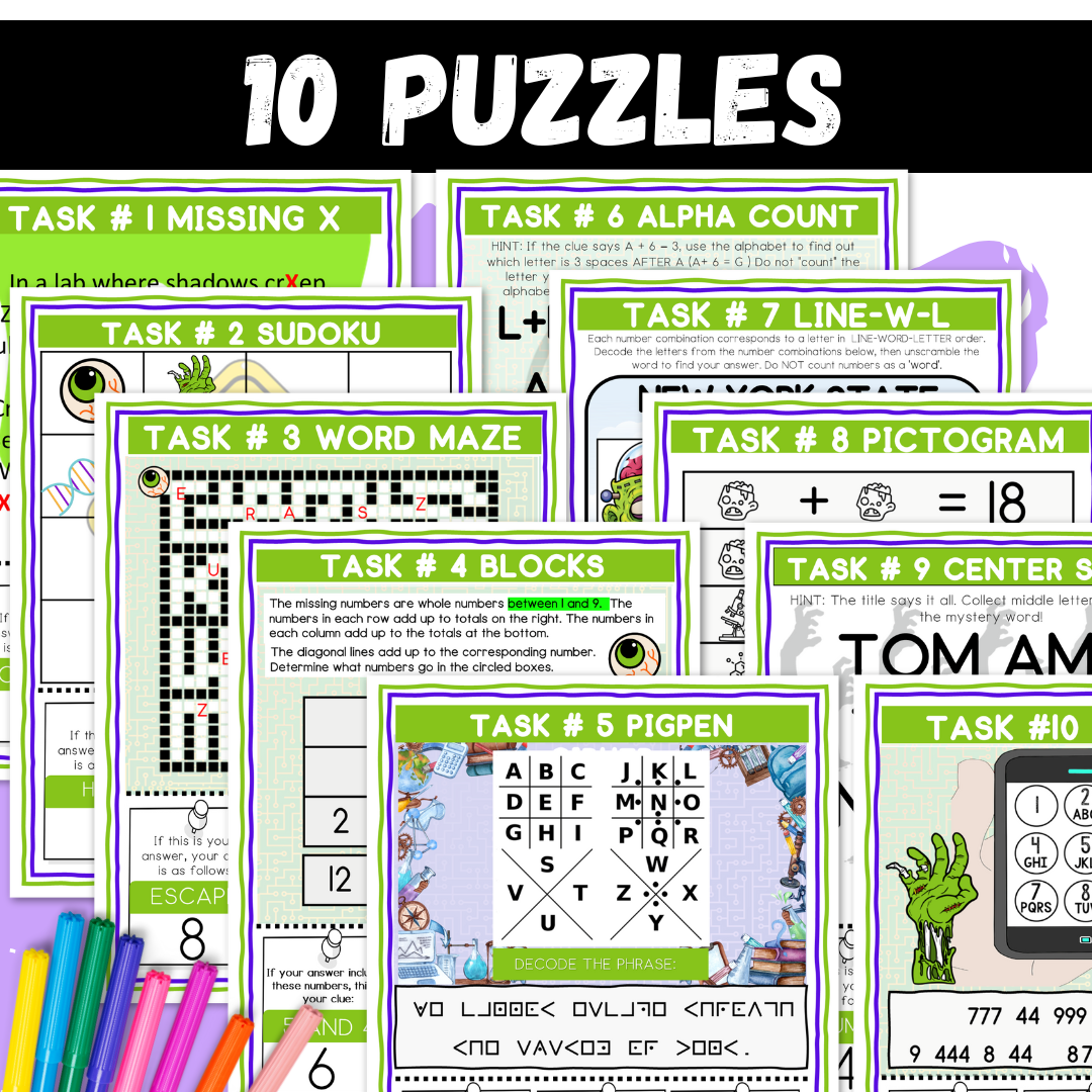 Zombie Logic Puzzle Escape Room | Halloween Activity for Grades 4–6 | 10 Brain-Bending Puzzles