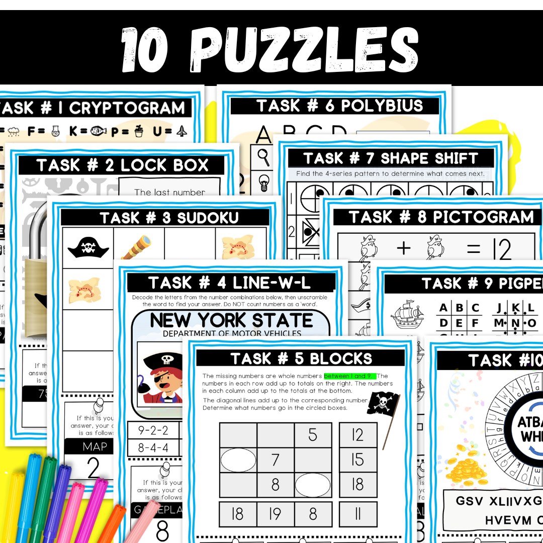 Pirate Treasure Logic Puzzle Escape Room | Summer Printable Activity for Grades 4–6 | 10 Puzzle Adventure