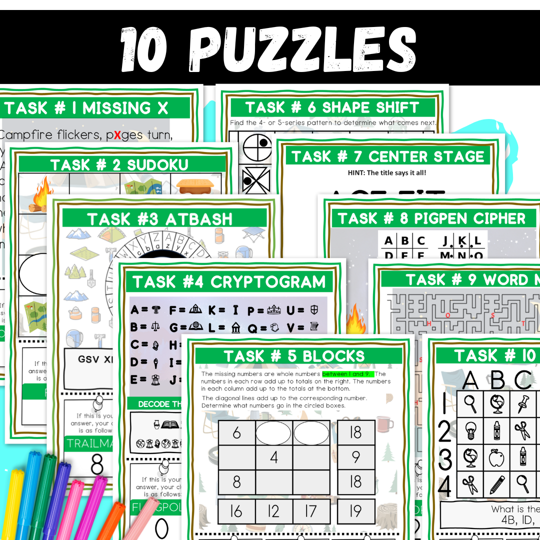 Camping Logic Puzzle Escape Room | Printable Brain Teasers for Grades 4–6 | 10 Fun Challenges