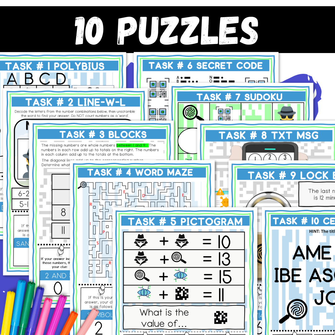 Spy Mission Logic Puzzle Escape Room | Summer Brain Teasers for Grades 4–6 | 10 Secret Agent Puzzles