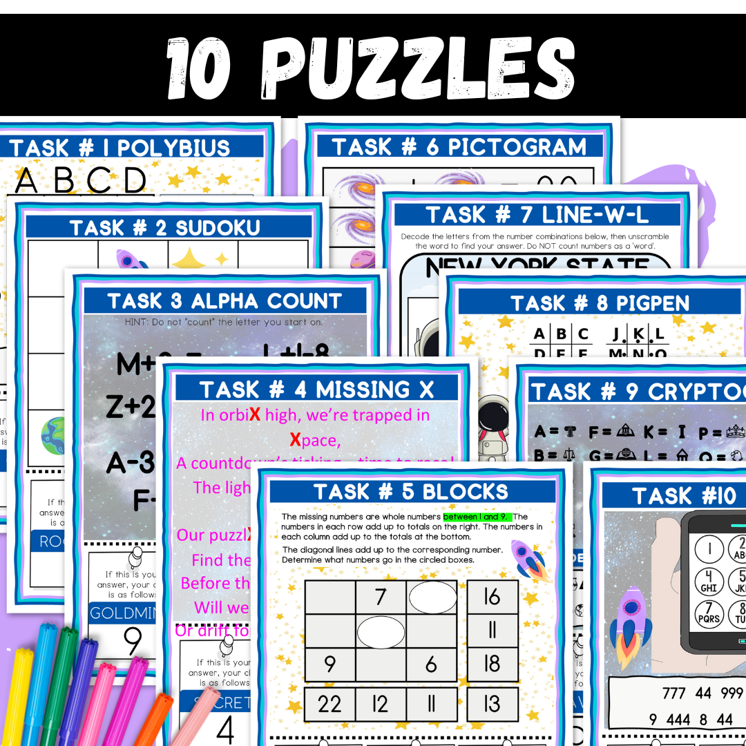 Trapped in Space Logic Puzzle Escape Room | Printable Summer Activity for Grades 4–6 | 10 Critical Thinking Challenges