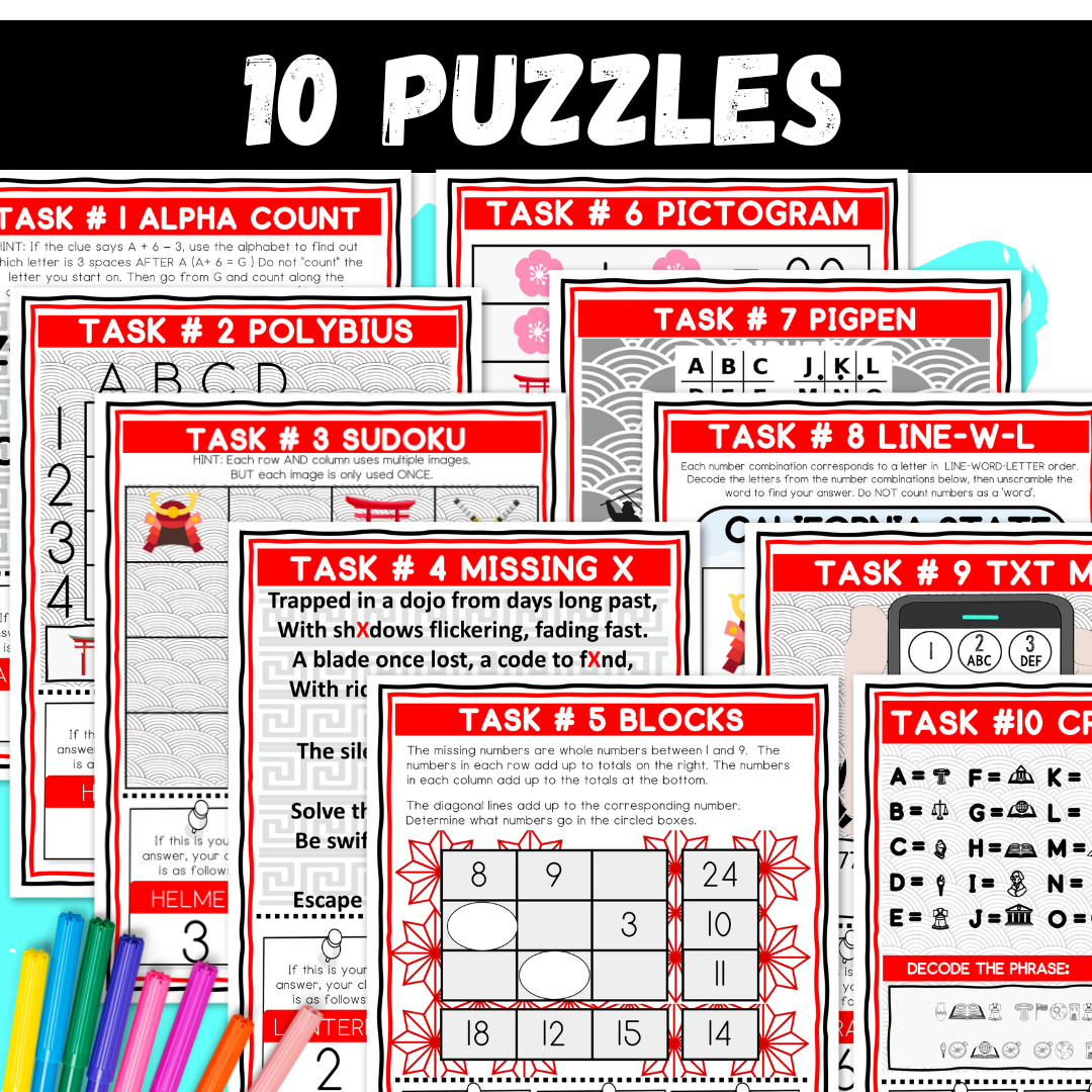 Ancient Japan Logic Puzzle Escape Room | Printable Game for Grades 4–6 | 10 Engaging Challenges
