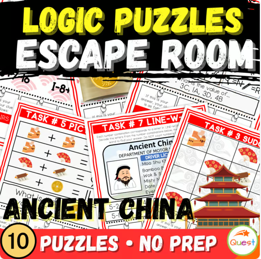 Ancient China Escape Room | Logic Puzzle Activity for Grades 4–6 (10 Puzzles)