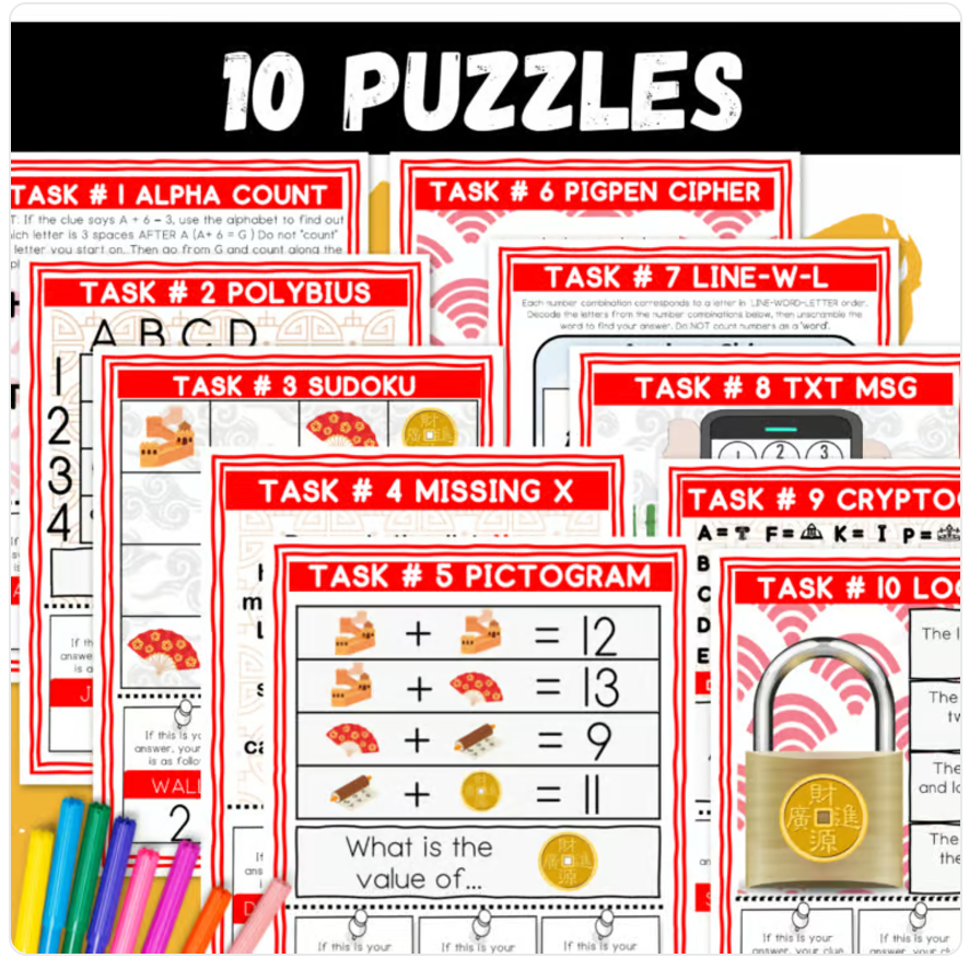 Ancient China Escape Room | Logic Puzzle Activity for Grades 4–6 (10 Puzzles)