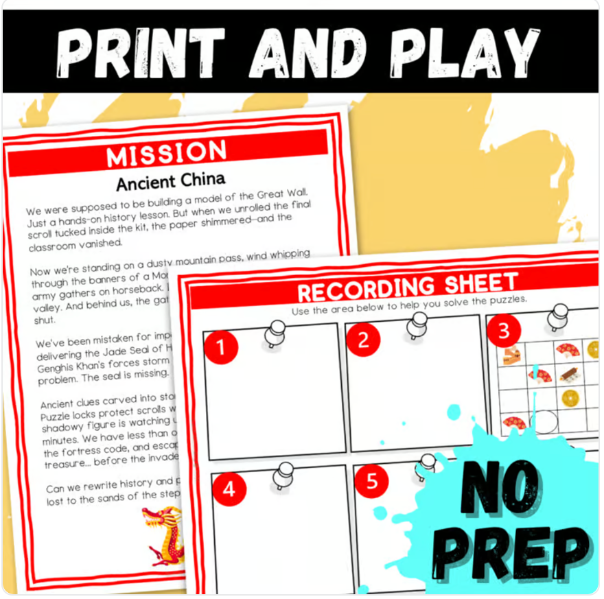 Ancient China Escape Room | Logic Puzzle Activity for Grades 4–6 (10 Puzzles)