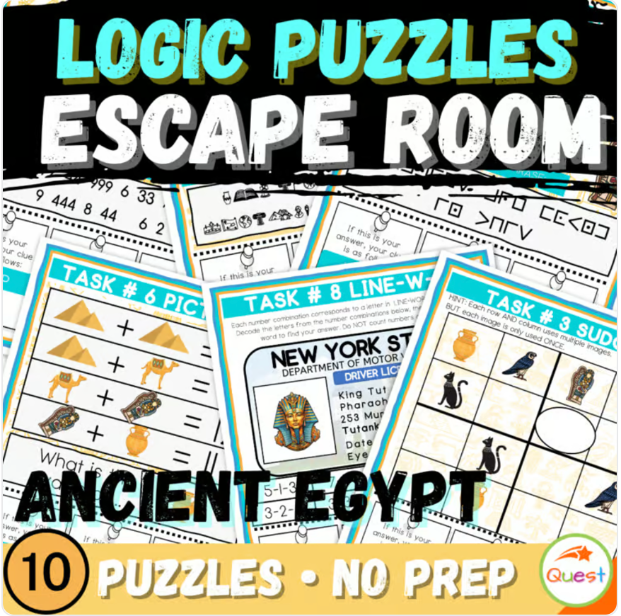 Ancient Egypt Escape Room | Logic Puzzle Activity for Grades 4–6 (10 Puzzles)