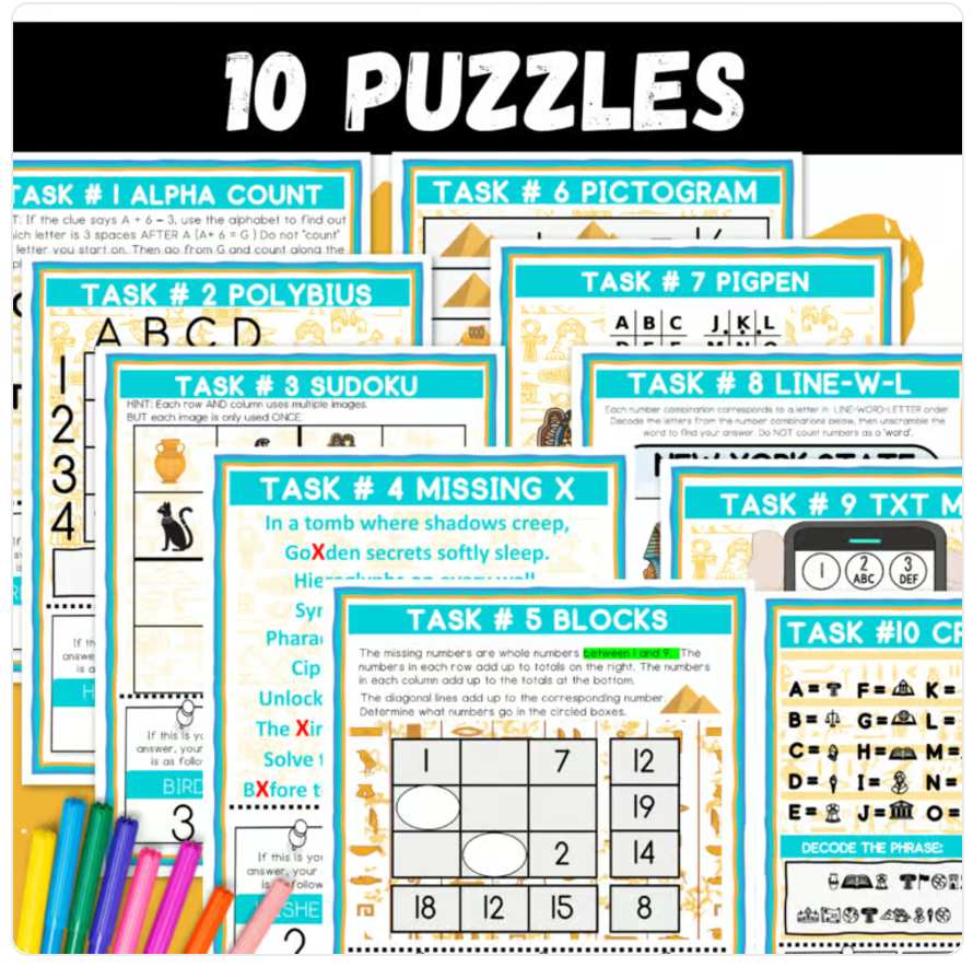Ancient Egypt Escape Room | Logic Puzzle Activity for Grades 4–6 (10 Puzzles)