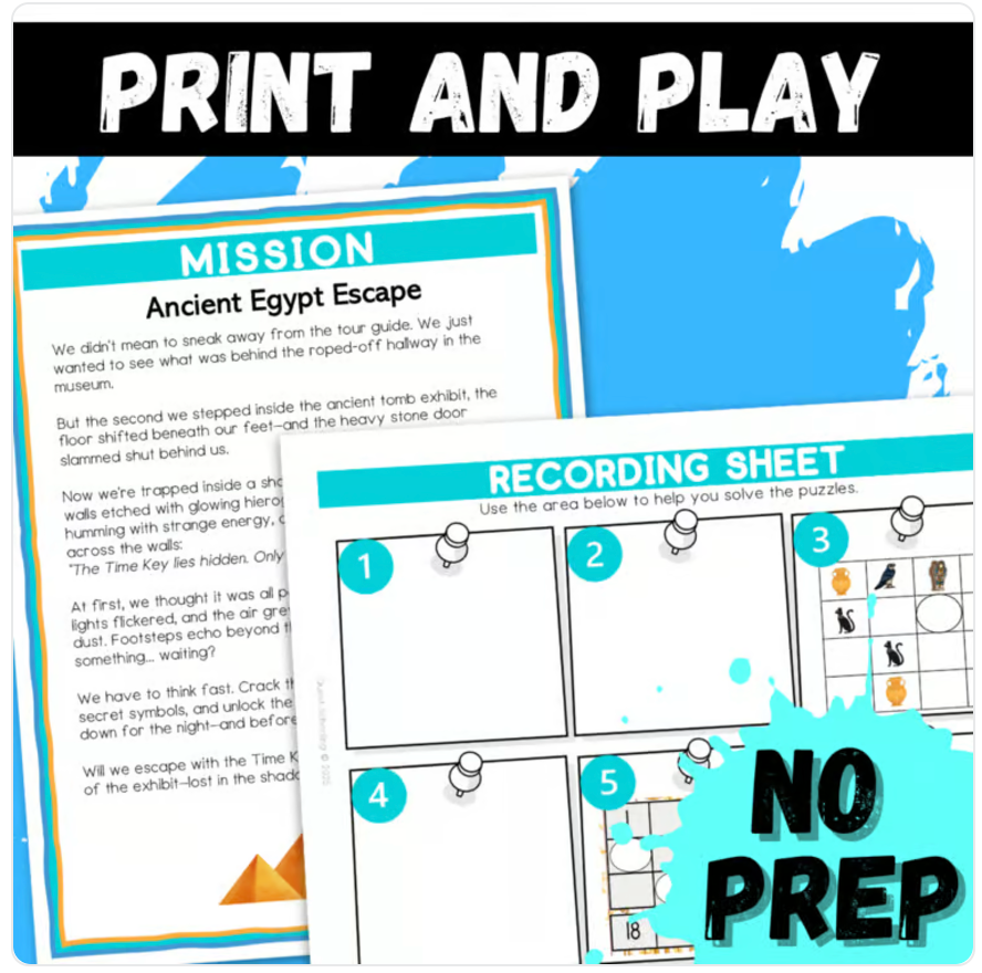 Ancient Egypt Escape Room | Logic Puzzle Activity for Grades 4–6 (10 Puzzles)