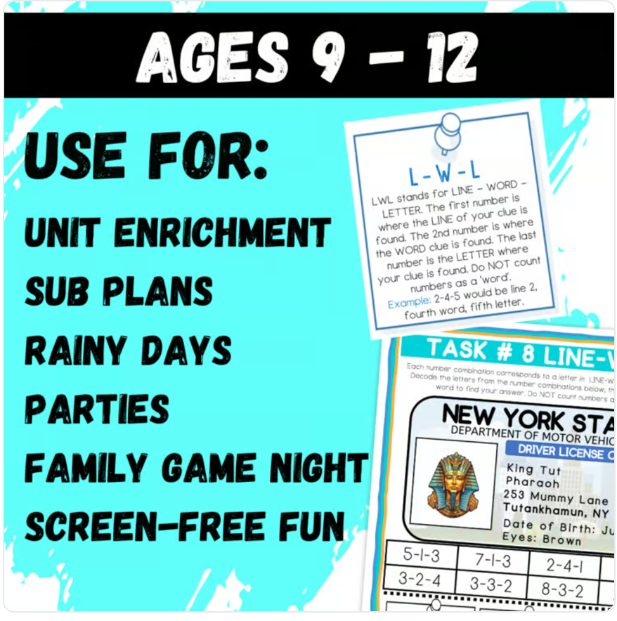 Ancient Egypt Escape Room | Logic Puzzle Activity for Grades 4–6 (10 Puzzles)