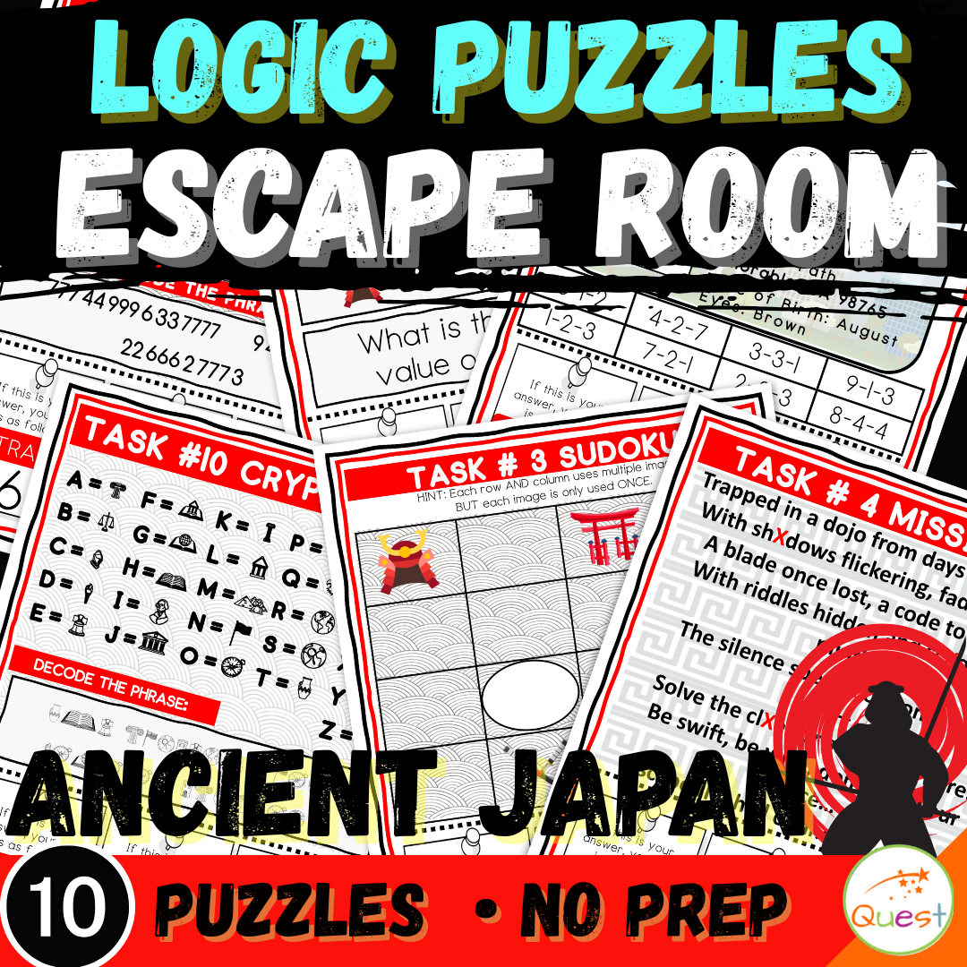 Ancient Japan Logic Puzzle Escape Room | Printable Game for Grades 4–6 | 10 Engaging Challenges