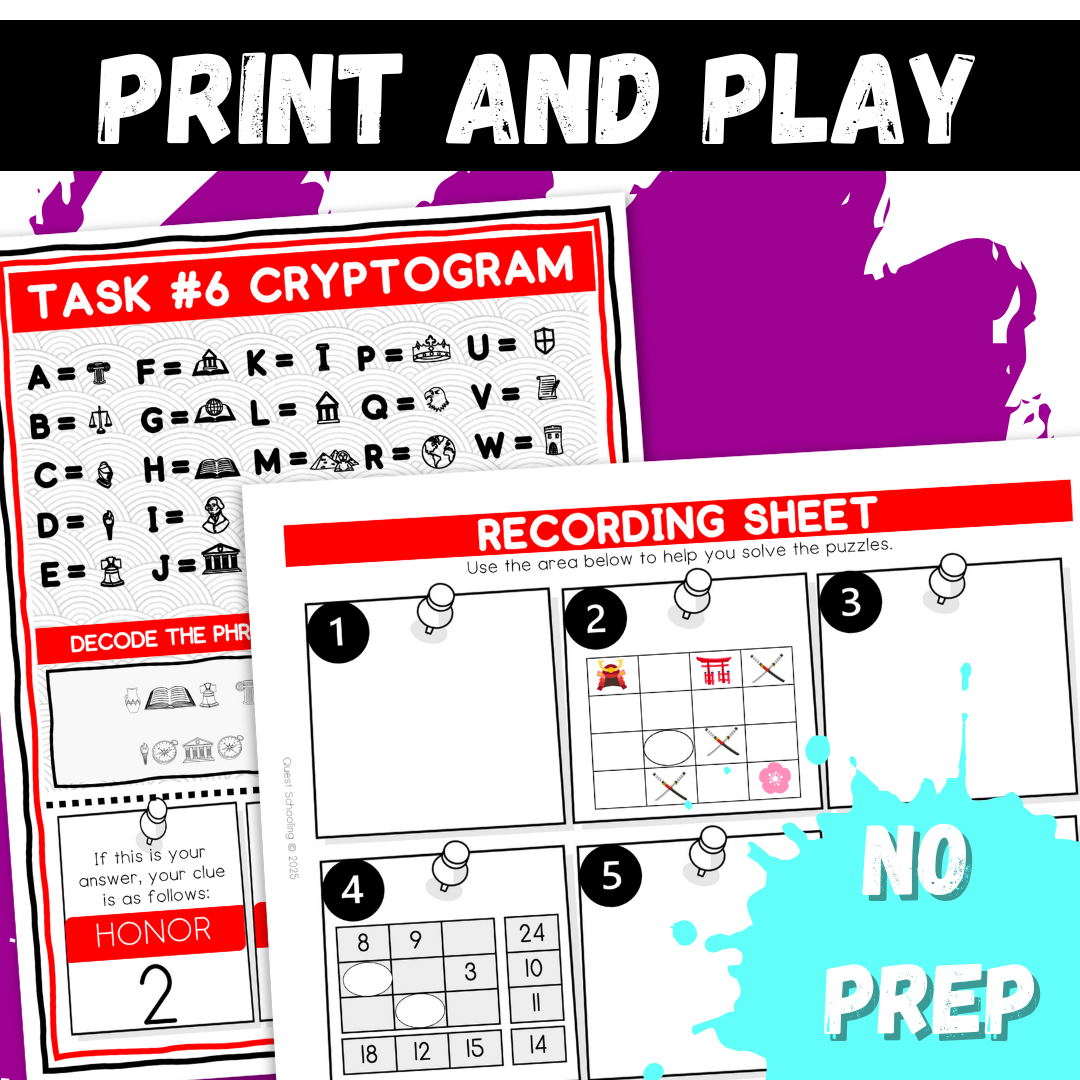 Ancient Japan Logic Puzzle Escape Room | Printable Game for Grades 4–6 | 10 Engaging Challenges