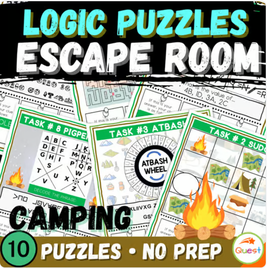 Camping Logic Puzzle Escape Room | Printable Brain Teasers for Grades 4–6 | 10 Fun Challenges