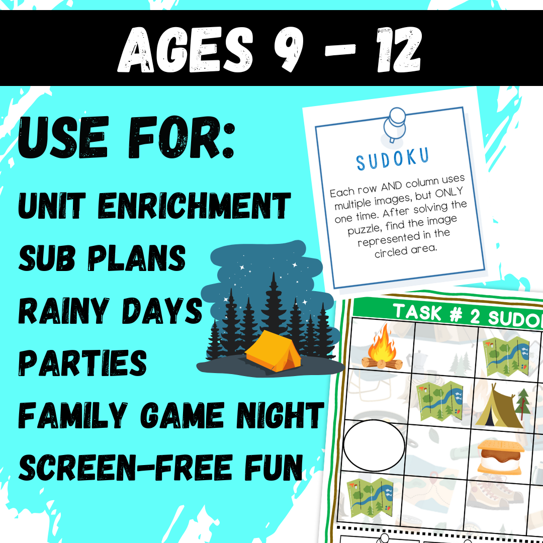 Camping Logic Puzzle Escape Room | Printable Brain Teasers for Grades 4–6 | 10 Fun Challenges