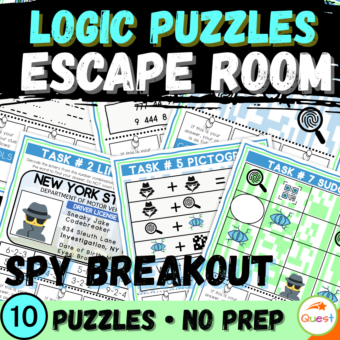 Spy Mission Logic Puzzle Escape Room | Summer Brain Teasers for Grades 4–6 | 10 Secret Agent Puzzles