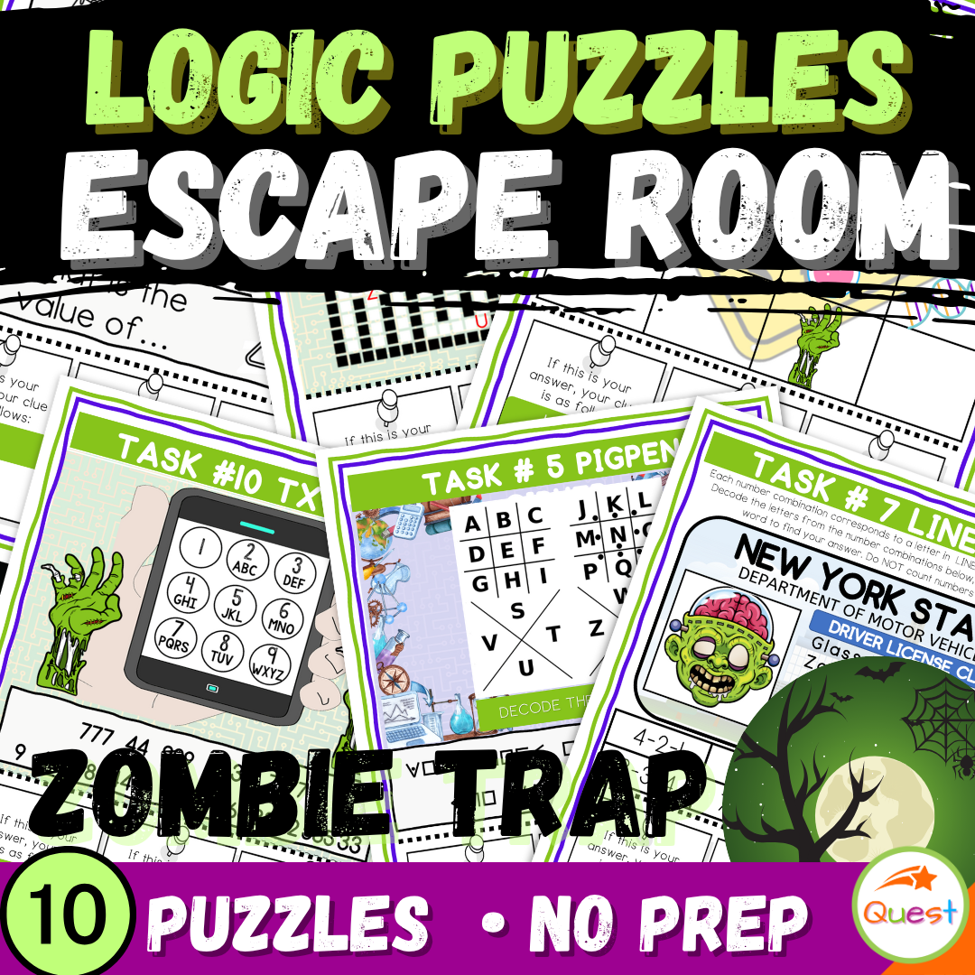 Zombie Logic Puzzle Escape Room | Halloween Activity for Grades 4–6 | 10 Brain-Bending Puzzles