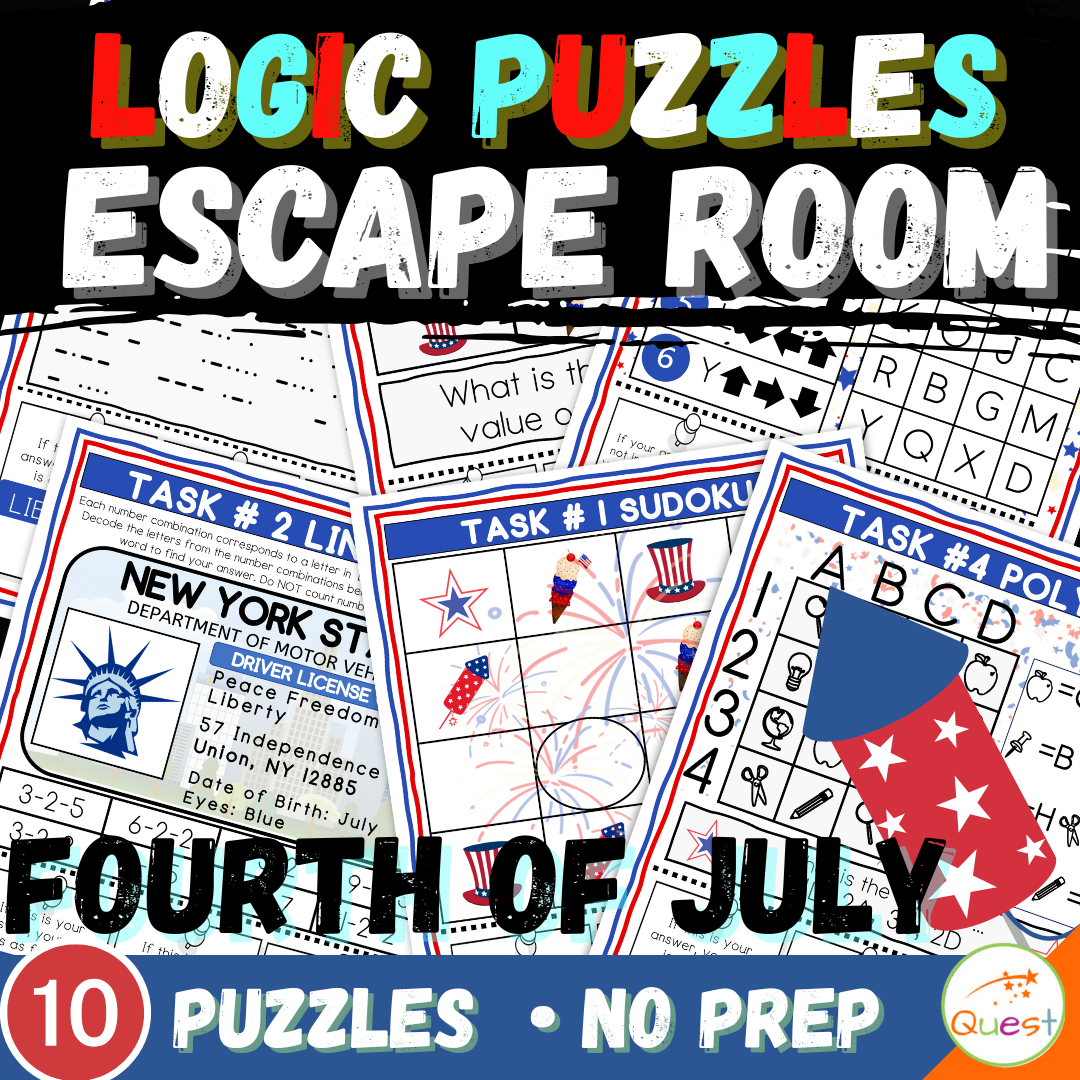 4th of July Logic Puzzle Escape Room | Printable Summer Activity for Grades 4–6 | 10 Festive Brain Games