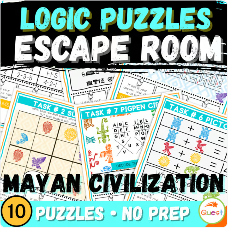 Mayan Escape Room | Logic Puzzle Summer Activity for Grades 4–6 (10 Puzzles)