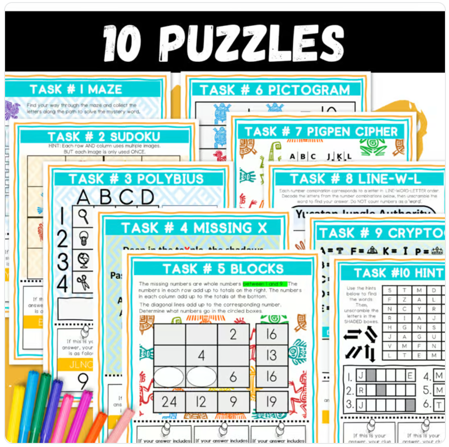 Mayan Escape Room | Logic Puzzle Summer Activity for Grades 4–6 (10 Puzzles)