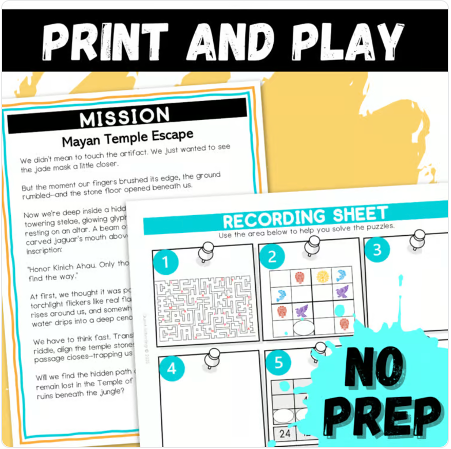 Mayan Escape Room | Logic Puzzle Summer Activity for Grades 4–6 (10 Puzzles)