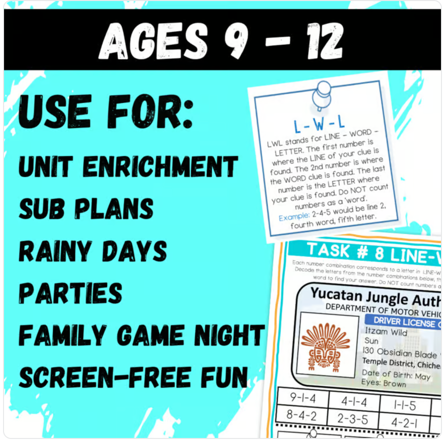 Mayan Escape Room | Logic Puzzle Summer Activity for Grades 4–6 (10 Puzzles)