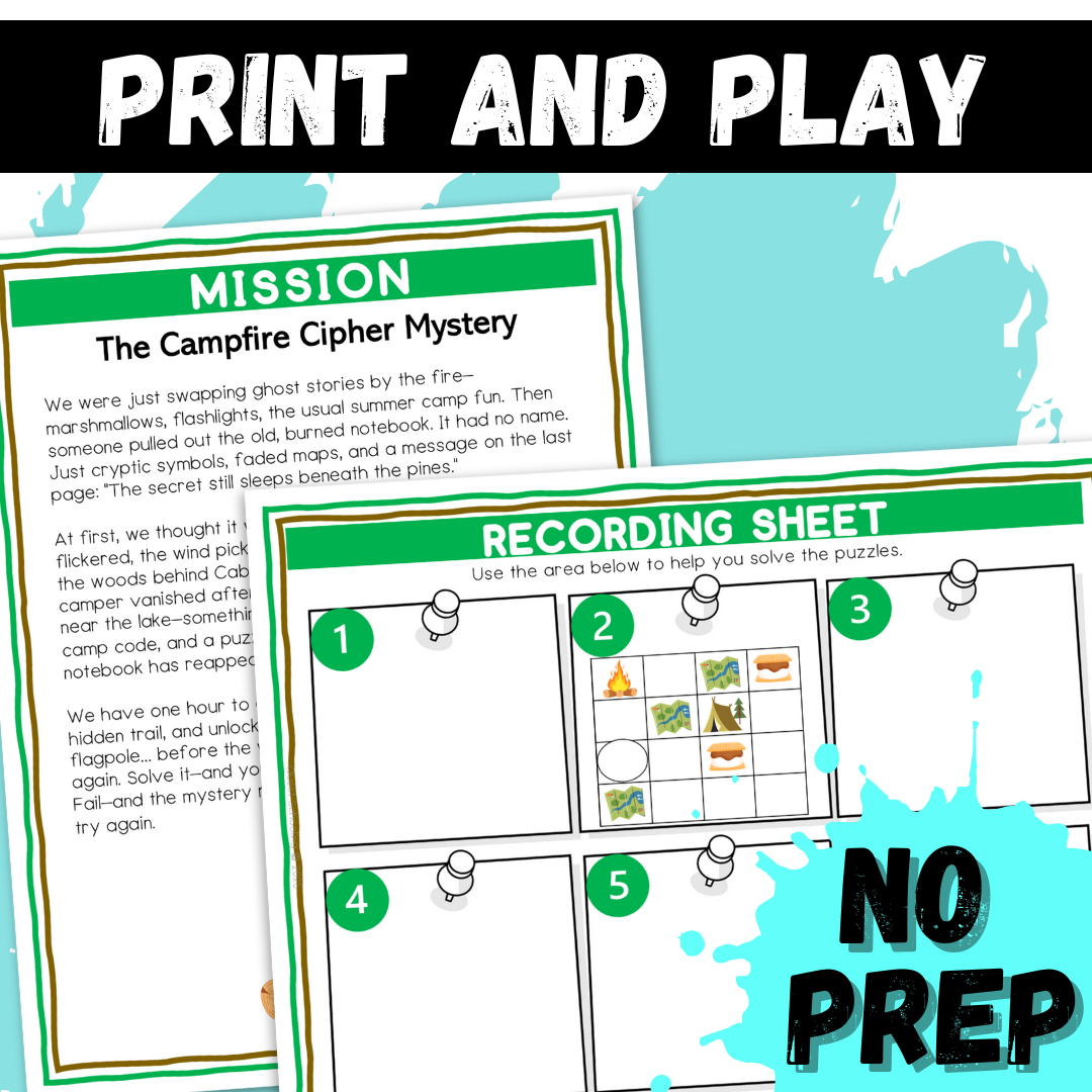 Camping Logic Puzzle Escape Room | Printable Brain Teasers for Grades 4–6 | 10 Fun Challenges