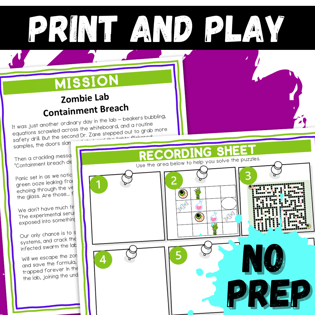 Zombie Logic Puzzle Escape Room | Halloween Activity for Grades 4–6 | 10 Brain-Bending Puzzles