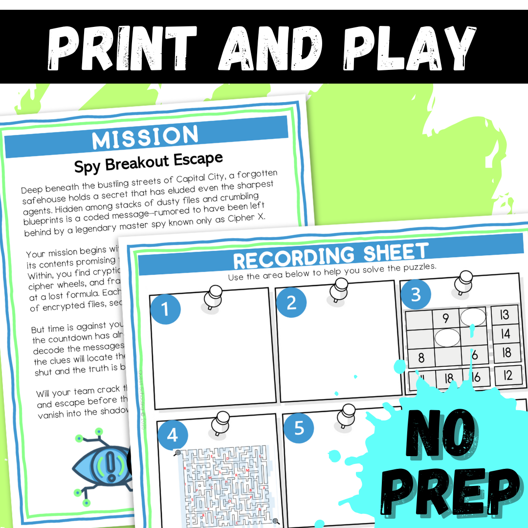 Spy Mission Logic Puzzle Escape Room | Summer Brain Teasers for Grades 4–6 | 10 Secret Agent Puzzles