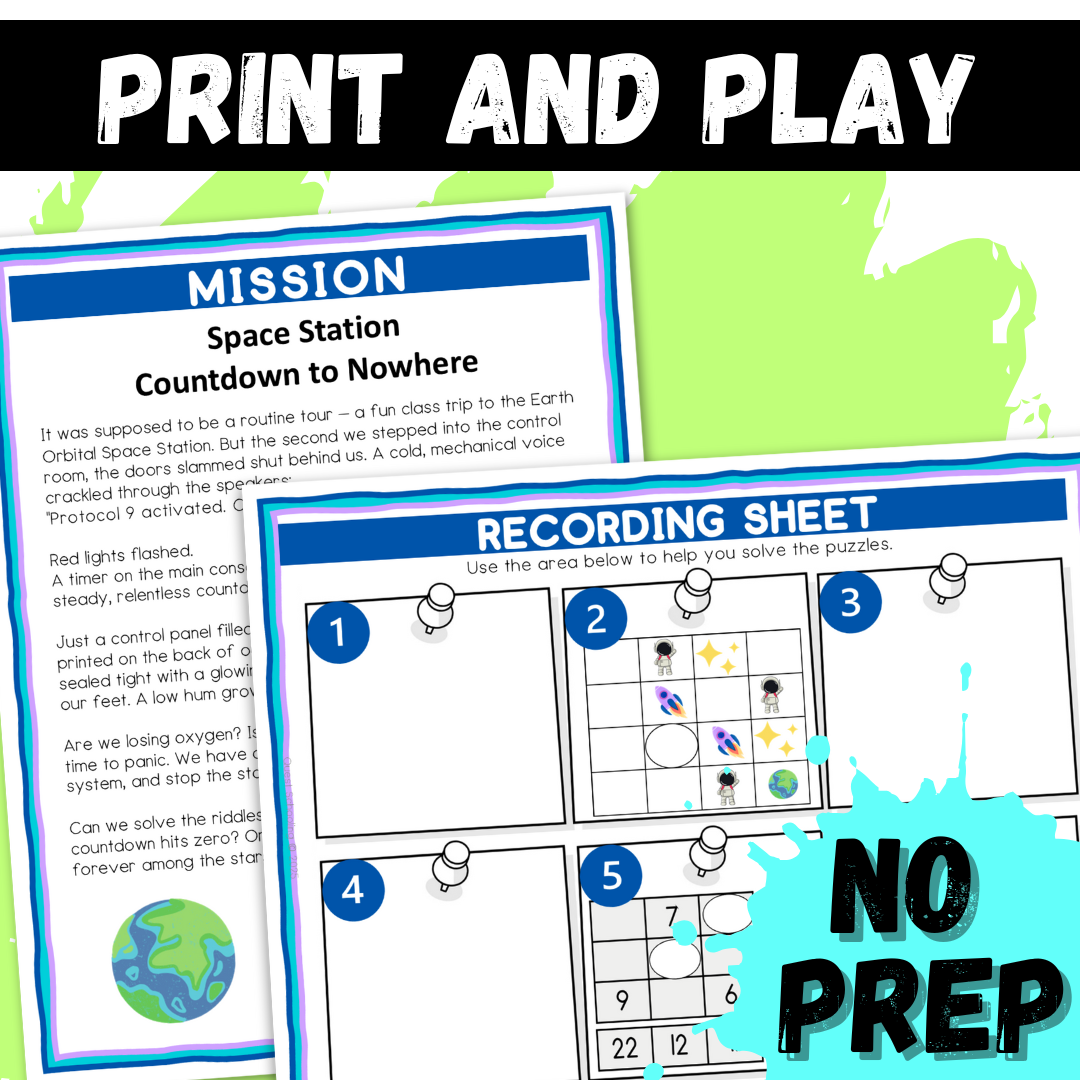 Trapped in Space Logic Puzzle Escape Room | Printable Summer Activity for Grades 4–6 | 10 Critical Thinking Challenges