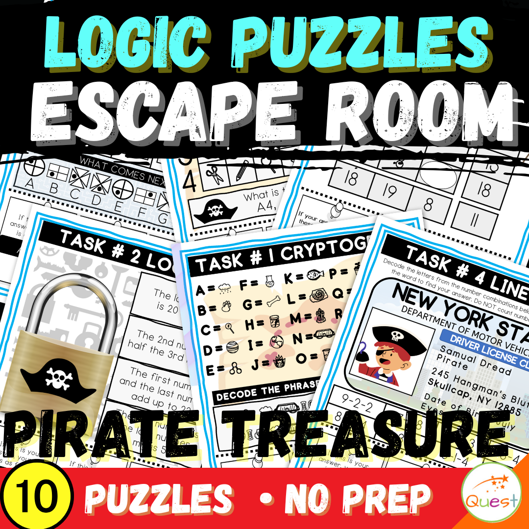 Pirate Treasure Logic Puzzle Escape Room | Summer Printable Activity for Grades 4–6 | 10 Puzzle Adventure