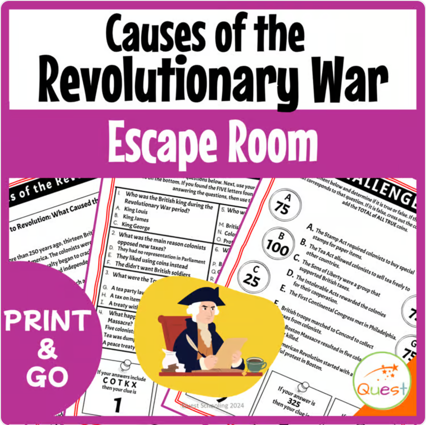 Causes of the American Revolution Escape Room | History Game for Grades 4–6
