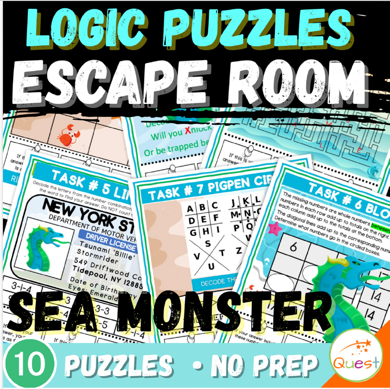 Sea Monster Logic Puzzle Escape Room | Grades 4–6 Summer Activity | 10 Brain Teasers for Critical Thinking