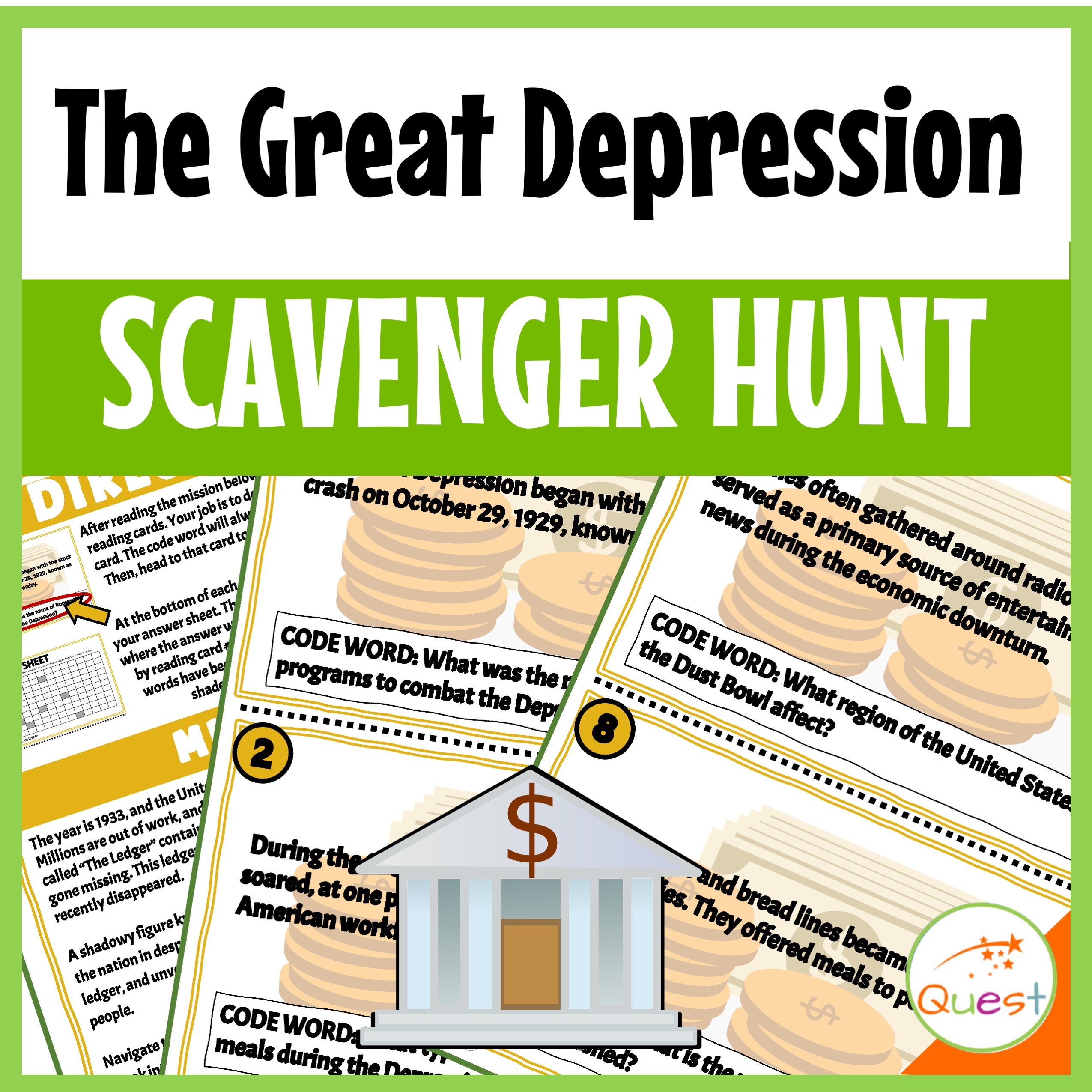 The Great Depression U.S. History Social Studies Scavenger Hunt for Kids 9-13