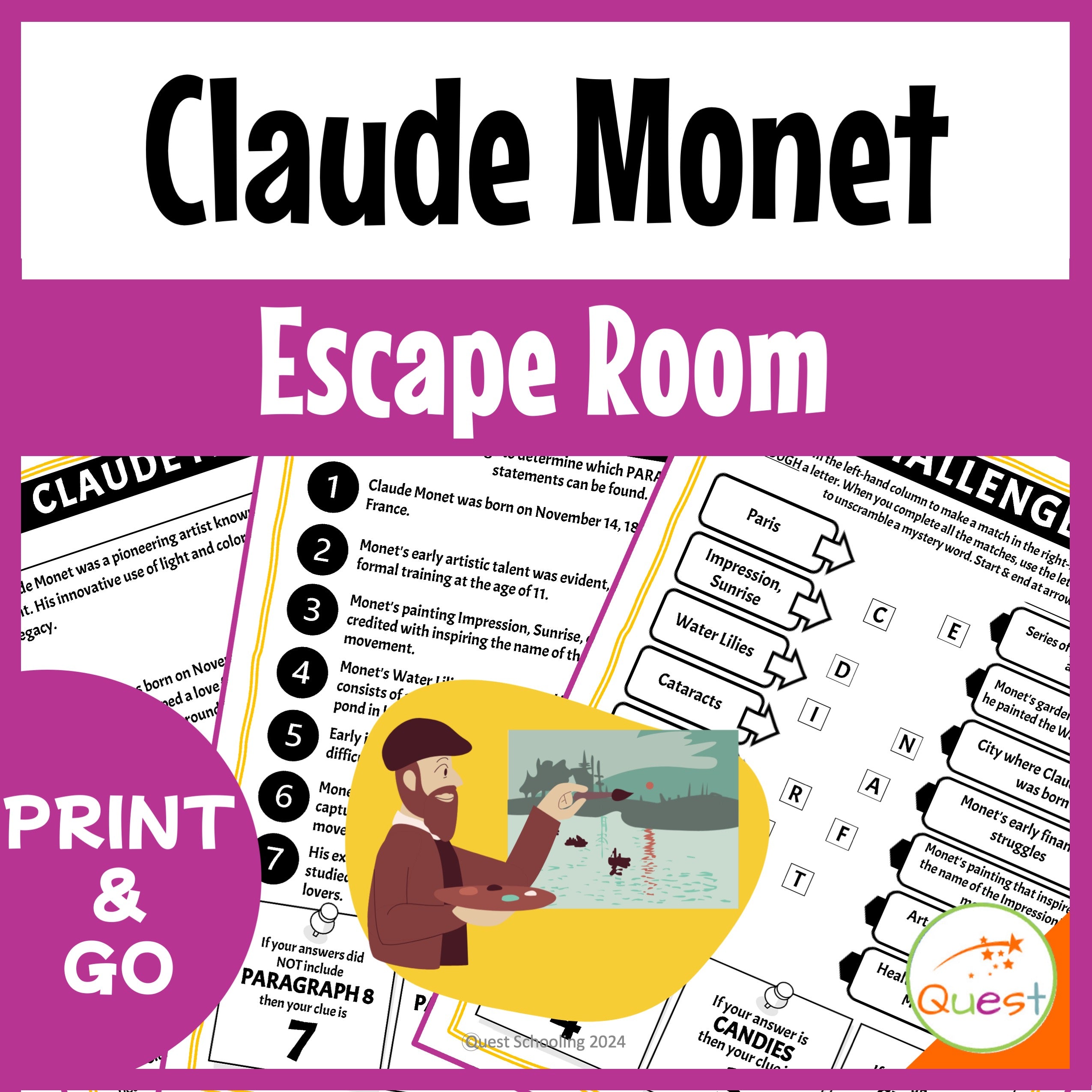 Claude Monet Art History Educational Escape Room for Kids 9-13